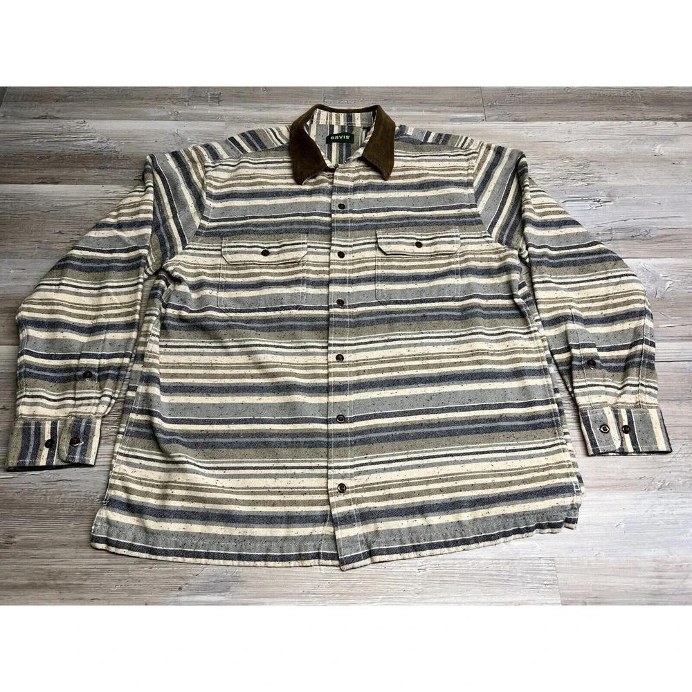 Orvis Flannel Button Up Shirt Suede Collar‎ Striped Mens Size L Western Blue Tan